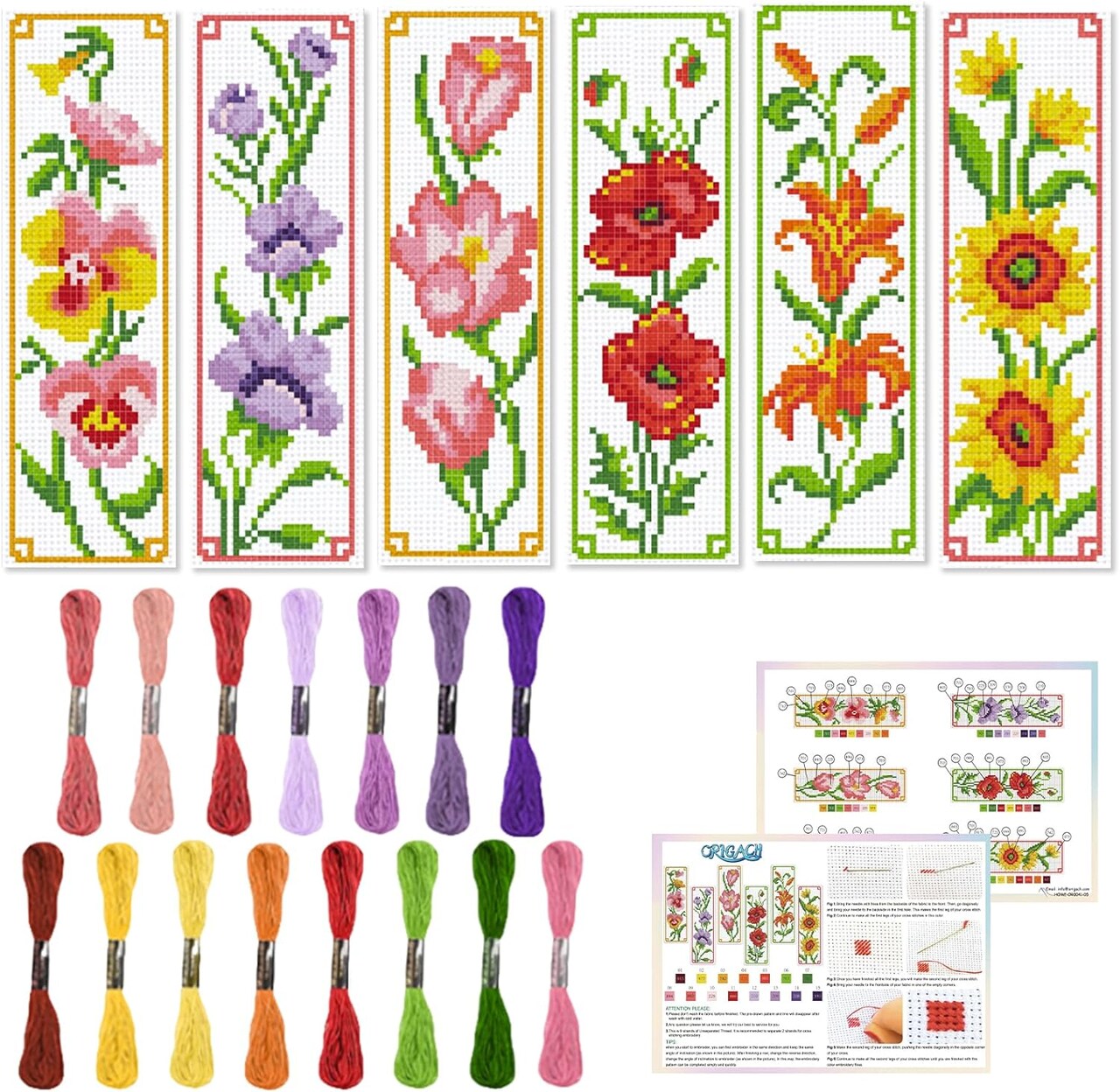 6-Set Flower Cross Stitch Bookmark Kit – Beginner-Friendly DIY Stamped Embroidery Kit with Felt Backing, Thread & Instructions for Adults